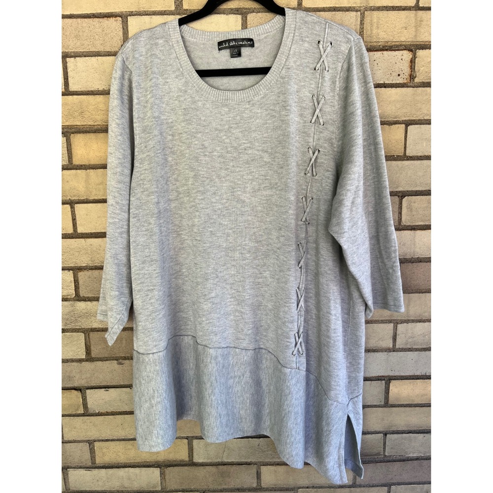 United States Sweaters Gray Lace Up Asymmetrical Hem Knit Tunic Sweater Plus 2X